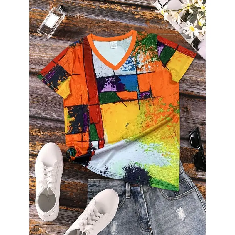 Abstract Art Painting Printed T-Shirt,Landscape Pattern,Fashion Casual Contrast V-Neck, Women's Top, Short Sleeve Medium-Stretch