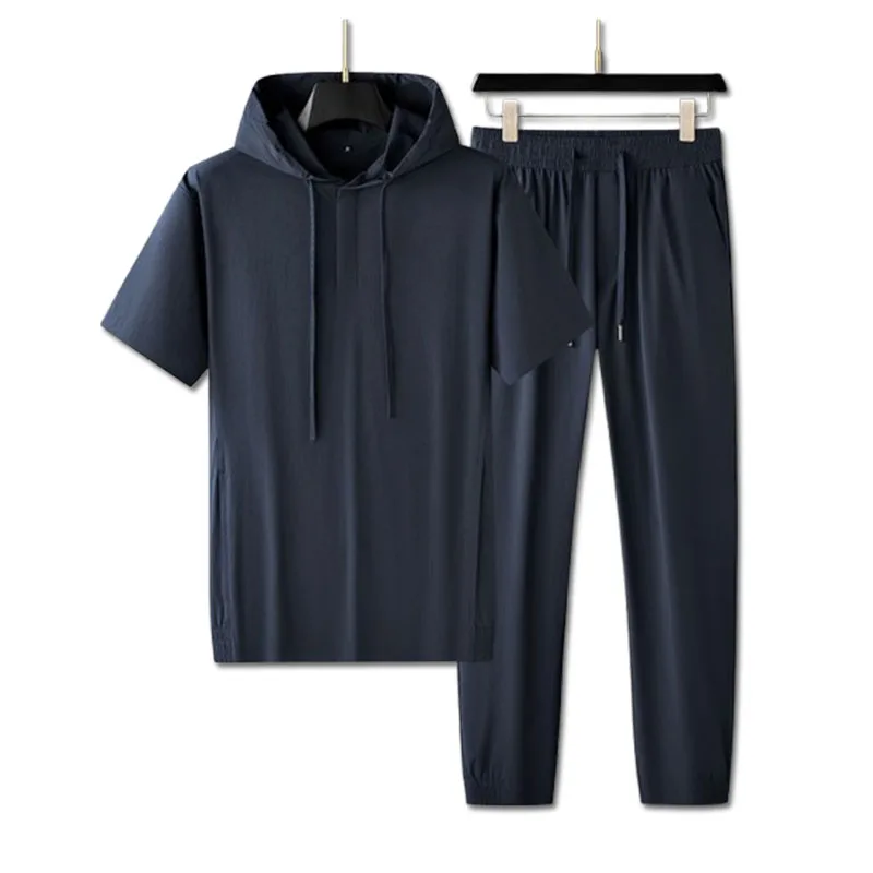 Ice silk quick drying ultra-thin high spring summer high-end male hooded short-sleeved leisure sports suit set