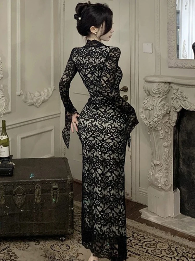 New Fashion Spring Ladies Black Lace Evening Long Dresses Women Sheer Sexy V-Neck Slim Party Prom Maxi Dress Robe Femme Vestidos