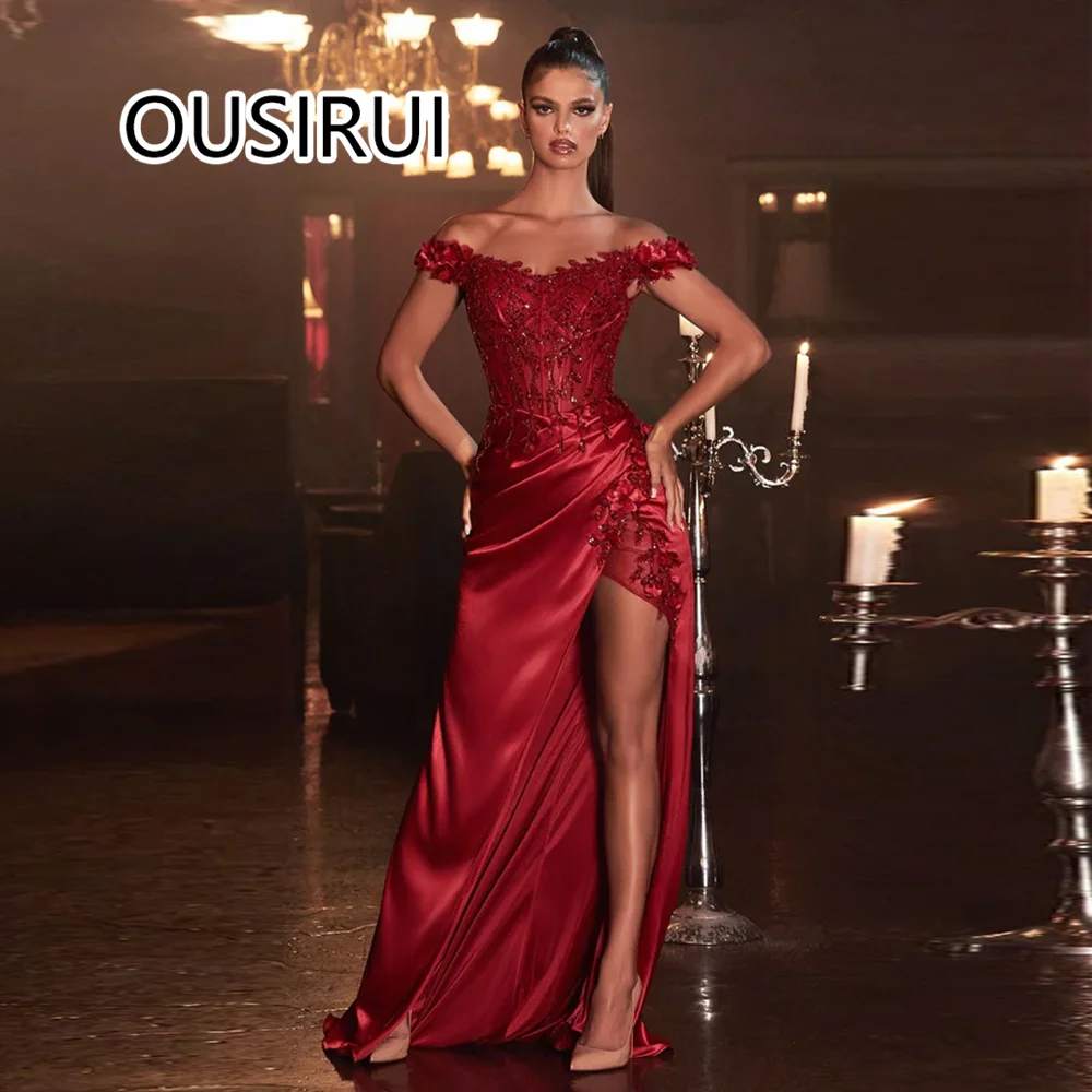 vestidos de fiesta Off-Shoulder Satin Pleated Evening Party Dress with Lace Sexy Mermaid Backless Side Slit Trian Gown