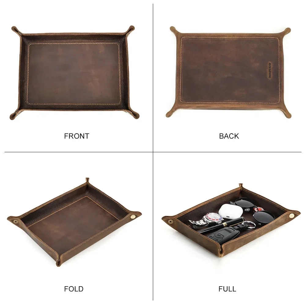 Genuine Leather Foldable Storage Trays Cowhide Square Tray Key Wallet Coin Organizer Home Office Desktop Storage Sundries Box - Image 4