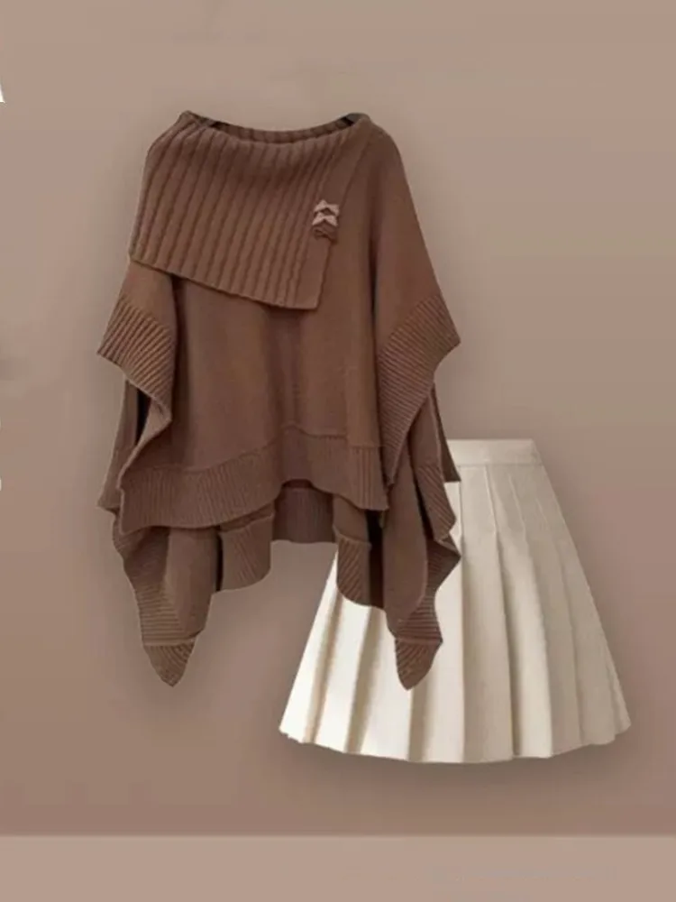 Autumn Gentle Style Wearing Women's 2024 New Korean Edition Lazy Knitted Top Temperament Pleated Short Skirt Two Piece Set