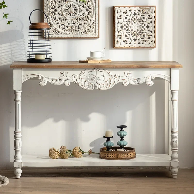 White cream French carved entrance table, old wall table with new products in the living room, home storage table