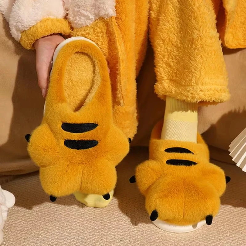 Cute Cartoon Fluffy Slippers For Women Men Winter Warm Shoes Soft Plush Big Paw Anti-slip Couples Indoor Home Cotton Slipper