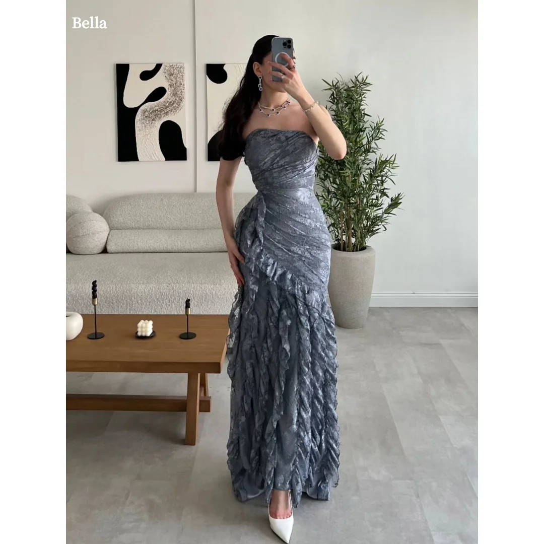 

Серое платье для выпускного вечера с рюшами и рюшами Bella по индивидуальному заказу, вечерние платья в стиле русалки, элегантное вечернее платье длиной до пола, вечернее платье