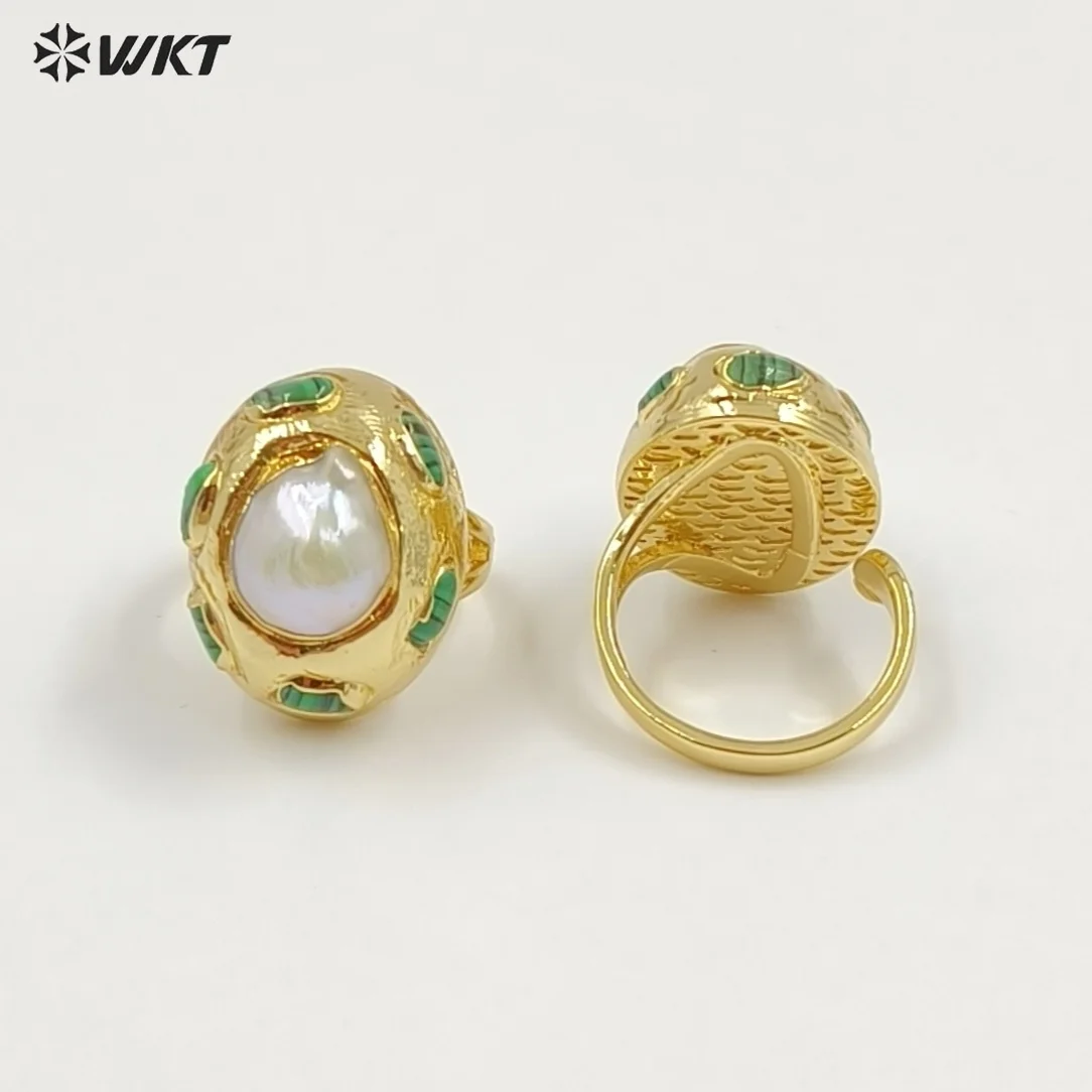 WT-MPR151 Luxury Vintage 18K Gold Plated Natural Pearl And Malachite Stone Adjustable Rings For Party Decoration Jewelry