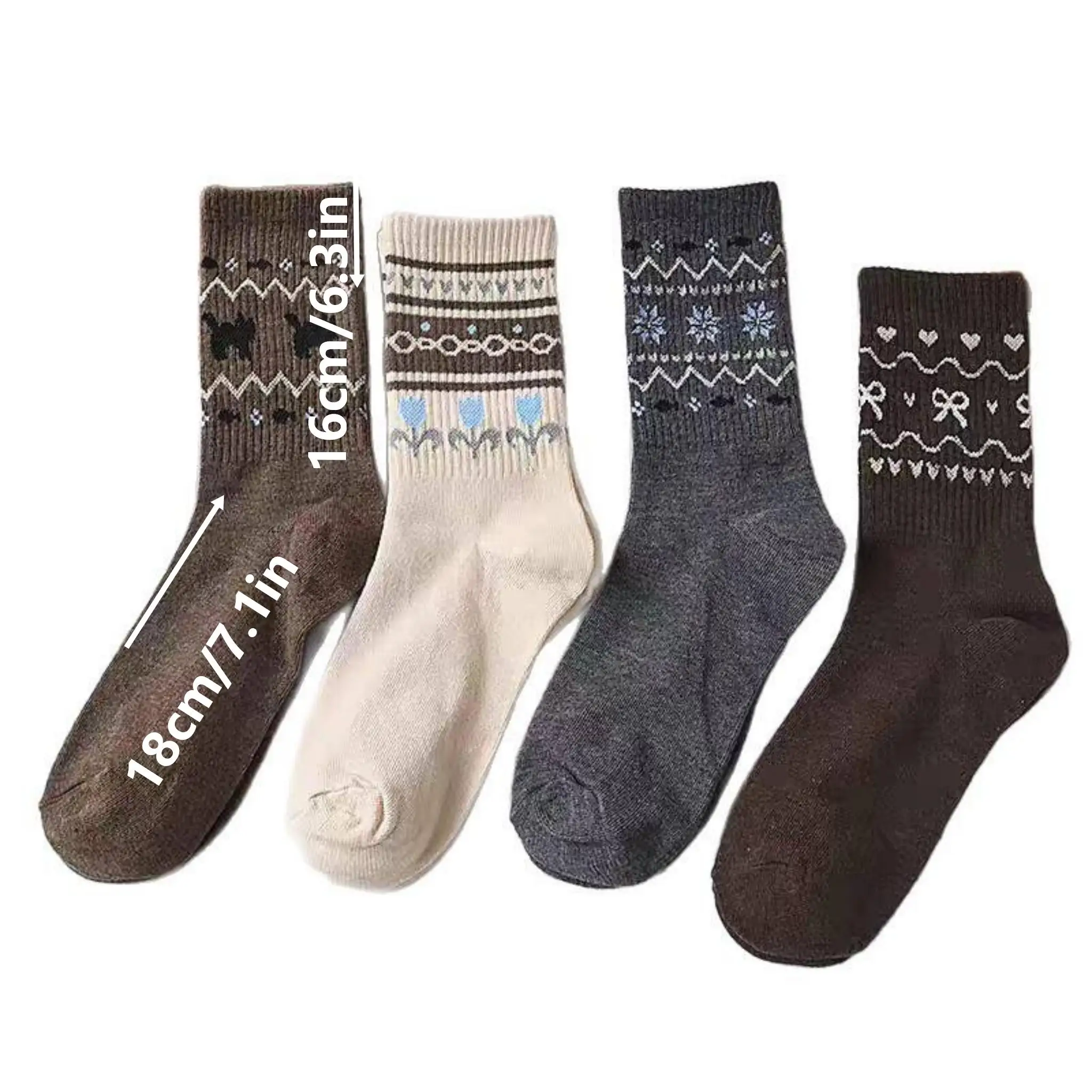 1/4 Pairs Autumn And Winter Vintage Fair Isle Socks for Women, Mid-Calf Socks, INS Style, Versatile Ethnic Long Socks