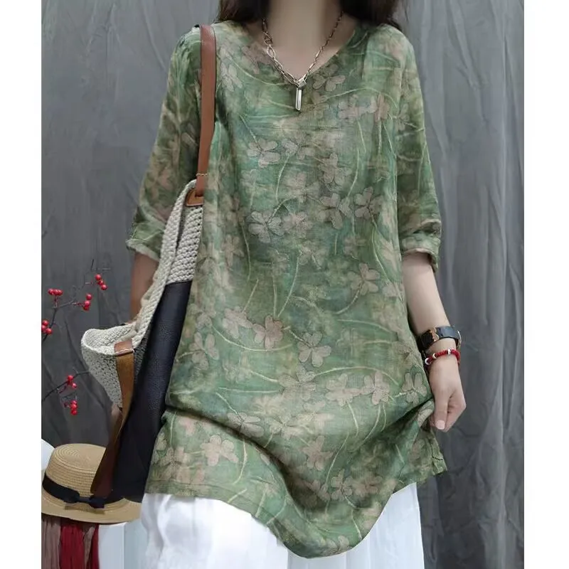 

Женская футболка-миди больших размеров с V-образным вырезом без рукавов, свободного кроя, летняя, новый стиль, удобная, изо льна, скрывающая живот