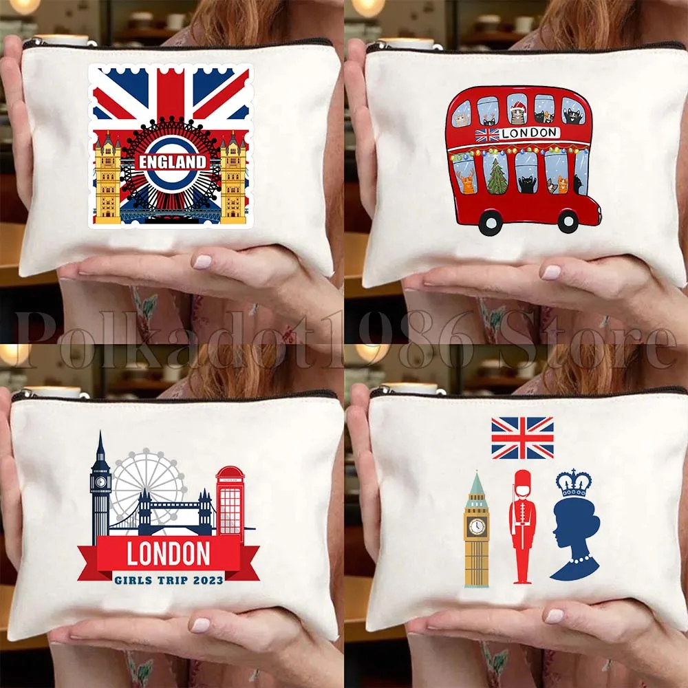 

British London Bus Big Ben Bridge England Flag Canvas Bag Travel Cosmetic Bag Women Makeup Bags Fashion Toiletry Storage Bag