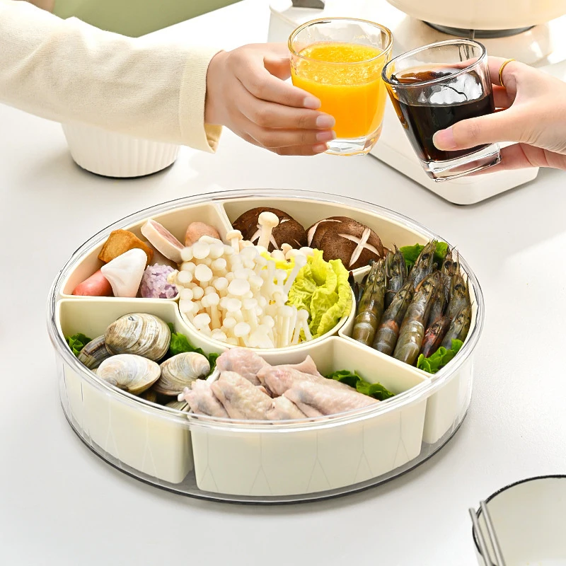 Round Divided Serving Tray Portable 6 Compartment Fresh Keeping Food Storage Snack Box Container Hot Pot Side Dishes Plates