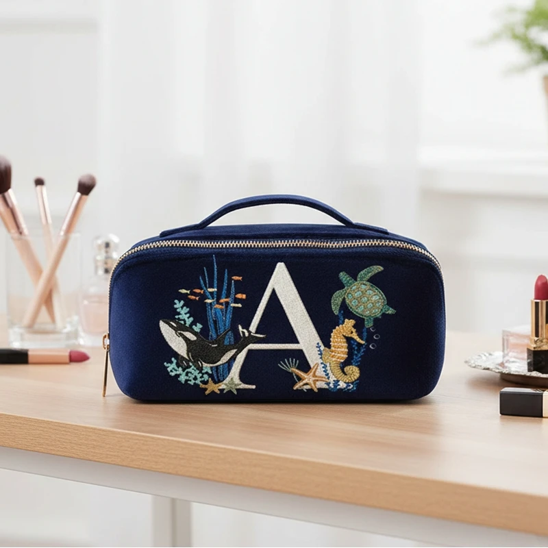 

Portable Letter Print Velvet Fabric Large Capacity Cosmetic Bag Cute Cartoon Printed Pattern,girl Makeup Bag Birthday Gift