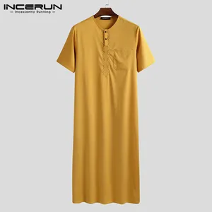 Incerun-kaftan islâmico para homens, caftan islâmico, cor sólida, moda, manga curta, Oriente Médio, dubai, tamanho s-5xl, 2024 8 principais vendas roupa masculina de dubai - №8
