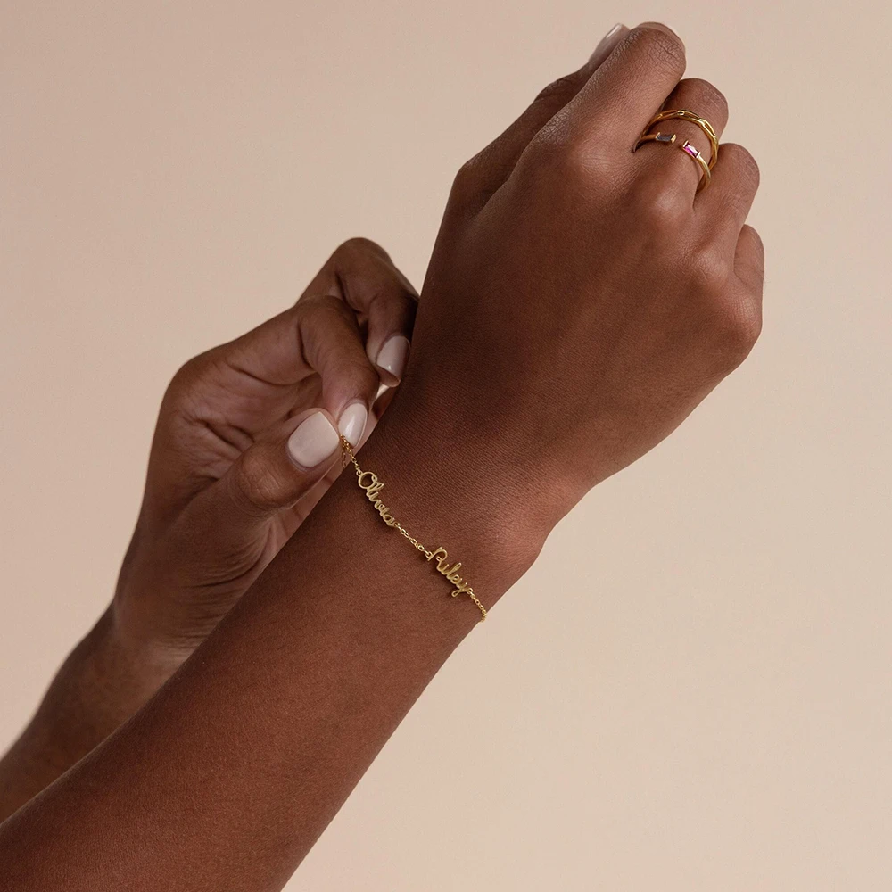 Dainty Name Bracelet by Caitlyn Minimalist Custom Multiple Name Stainless Steel Bracelet 18k Gold Plated in Shower Gift for Mom