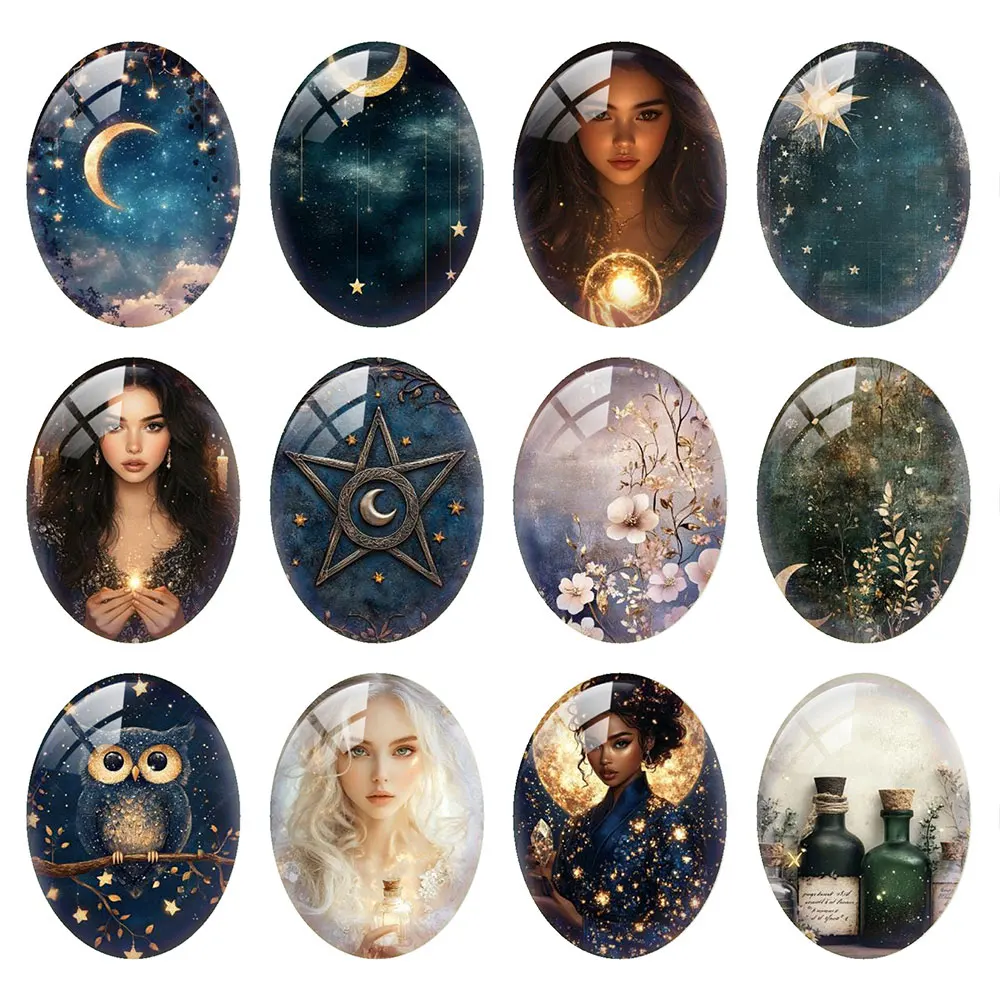 Random Mixed Round/Oval/Square Witch Moon Star Magic Astrology Photo Glass Cabochon Flatback Demo Cameo For Diy Jewelry Making