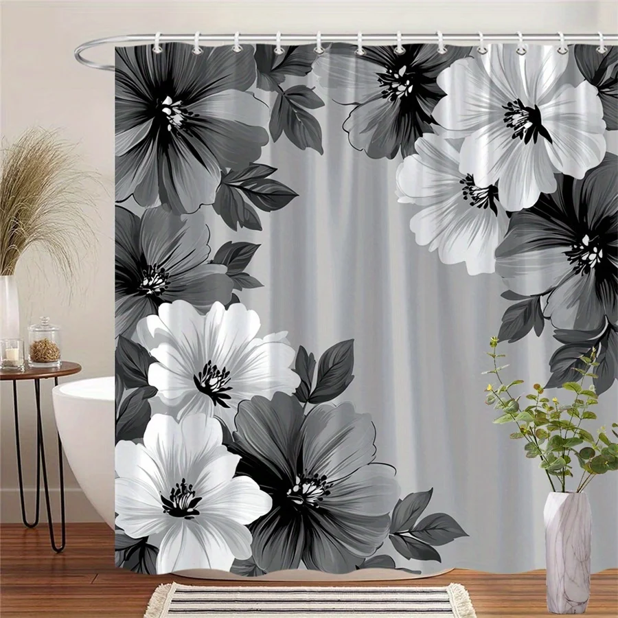 

1 шт. Серая занавеска для душа из гибискуса — с нежными лепестками и тонкими листьями, полиэфирная ткань, с крючками, можно стирать в машине.