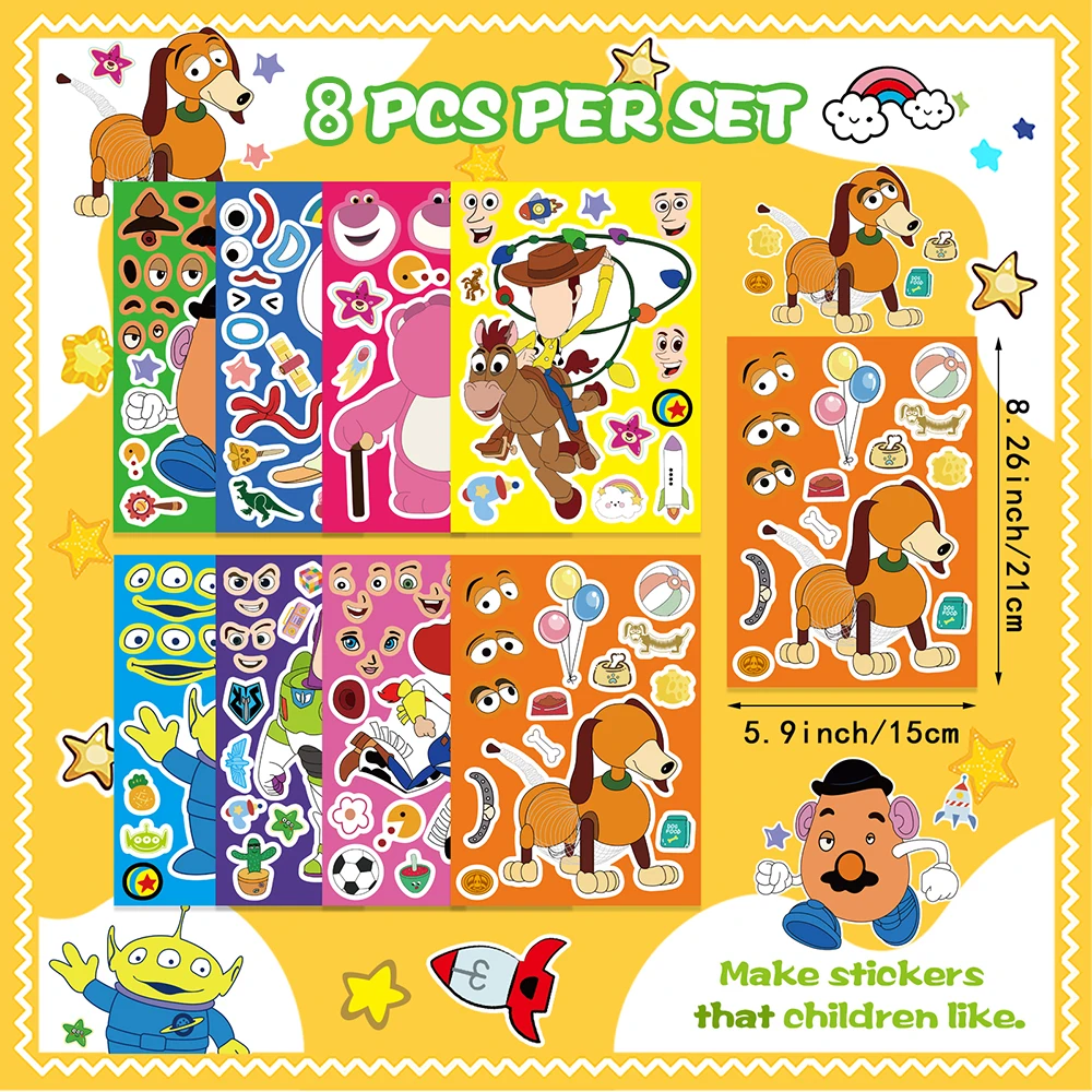 8/16Sheets Make a Face Toy Story Puzzle Stickers Disney Cartoon Assemble Jigsaw For Kids Boys Girls Party DIY Education Toy Gift