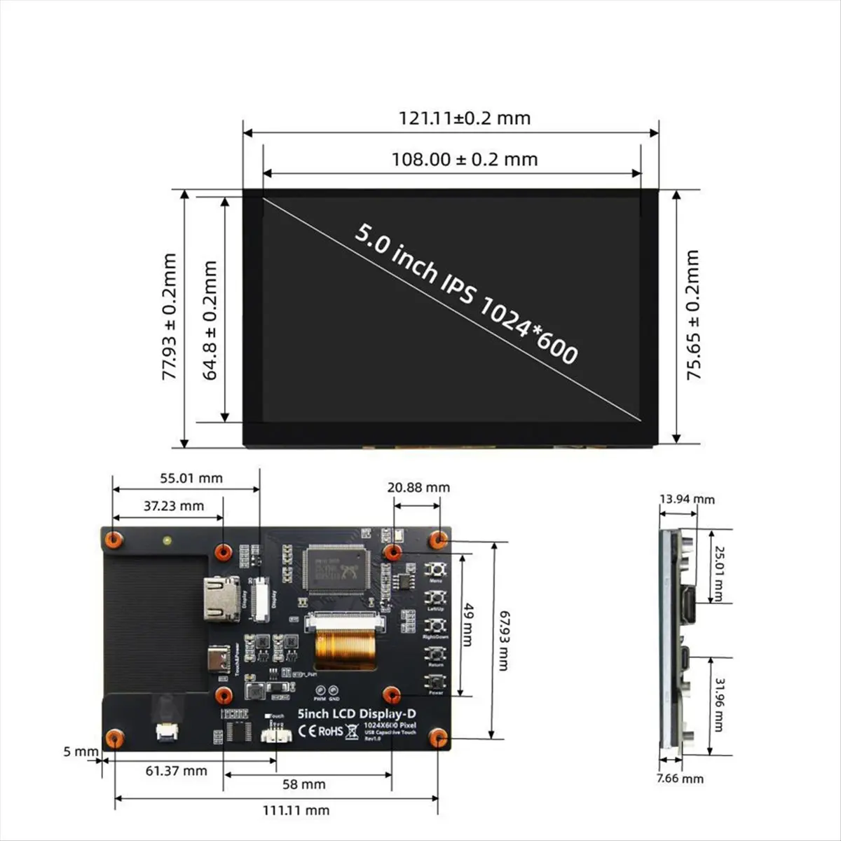 L77A 5inch 1024x600 Inner -Compatible IPS LCD Module Monitor Display Screen with Capacitive Touch Panel for