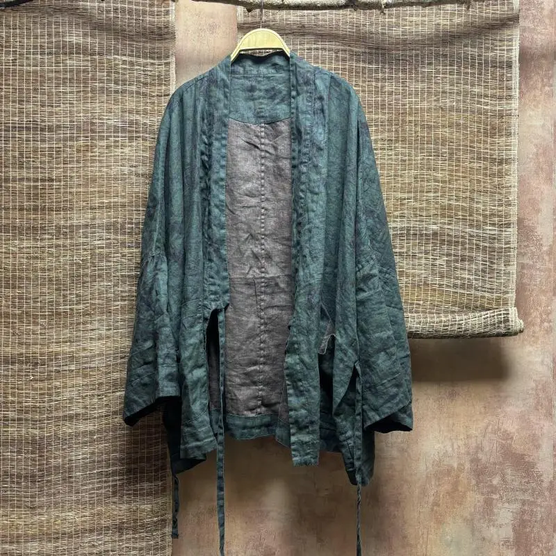 New Arrival 2026 Spring Arts Style Women V-neck Loose Open Stitch Coat Big Pocket High Quality Cotton Linen Vintage Lacing Coat