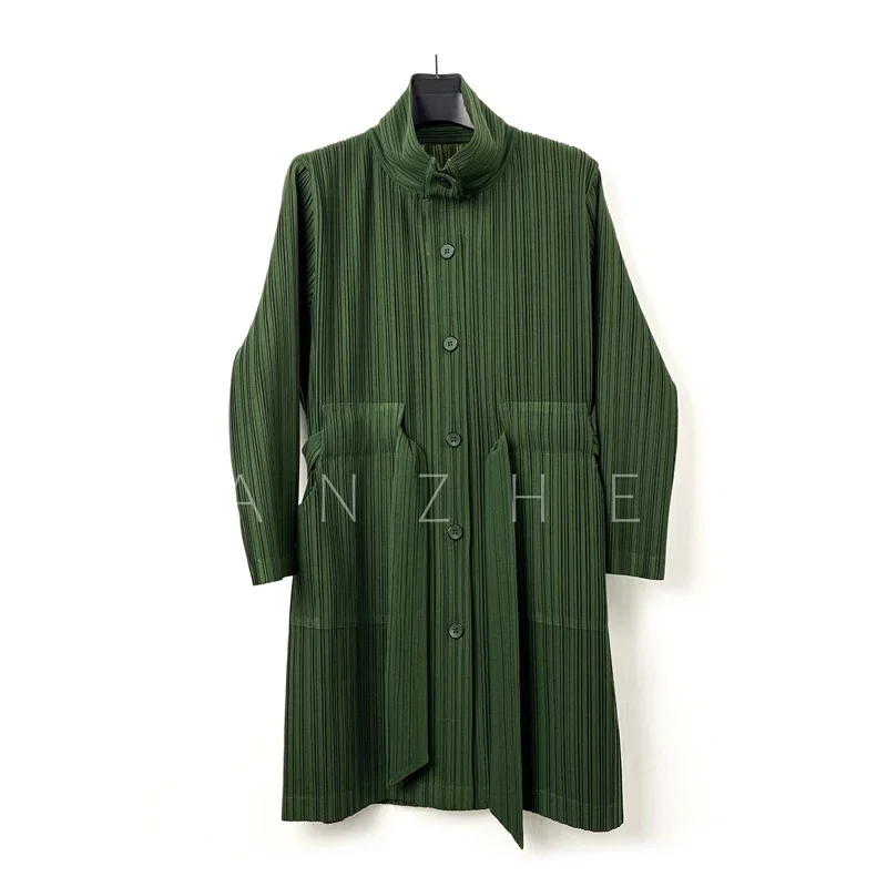 Miyake Women Pleated Long Coat Stand Collar Button Front Loose Solid Pleated Trench Coat with Pockets
