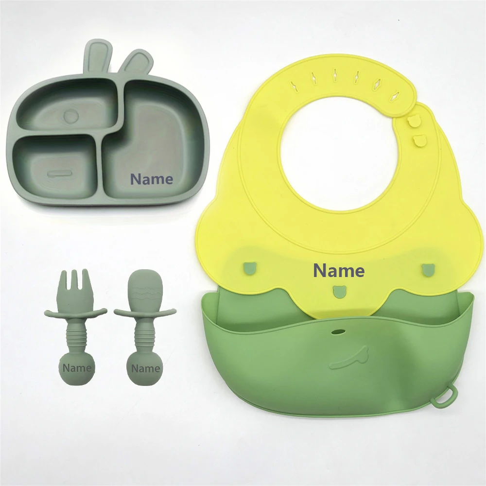 Customizable Silicone Tableware Set for Babies - Waterproof Easy to Clean with Free Name Engraving Creative Gift Idea