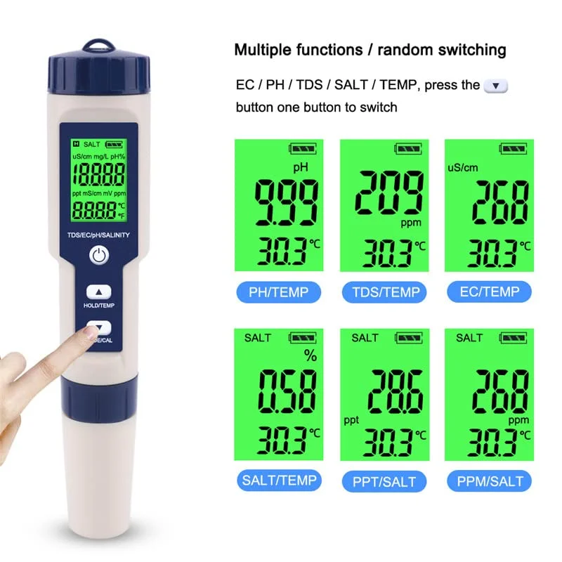 

Five-in-One Water Test Pen for TDS/EC/PH/Salinity Conductivity Measurement Industrial Salinometer