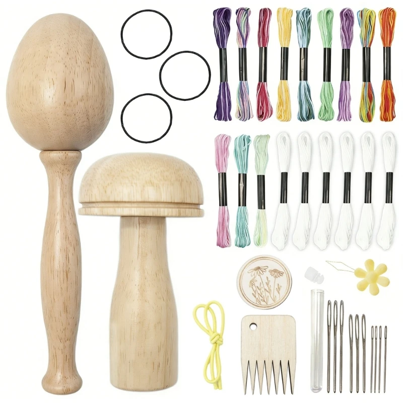 Holzstopf-Strickwerkzeug-Set in Pilz- und Eierform, inklusive Nadel und Faden 3 x – Detail 1