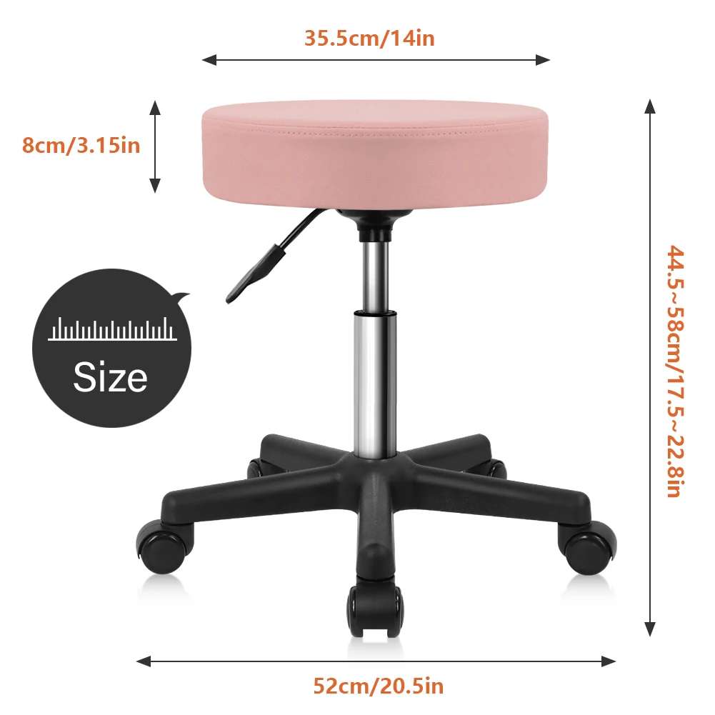 KKTONER Round Rolling Stool PU Leather Height Adjustable Swivel Drafting Work SPA Salon Stools Chair with Wheels (Pink)