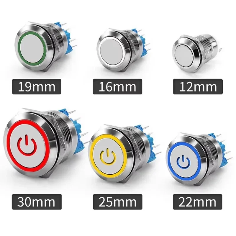 Waterproof Metal Push Button Switch 12/16/19/22mm LED Light Momentary Latching Car Engine Power Switch 5V 12V 24V 220V Red Blue