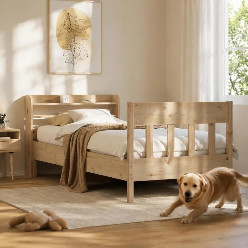 Cadre de lit en pin massif 75 x 190 cm avec tête de lit à trois étagères de rangement, sommier à lattes pour un soutien optimal du matelas, style rustique adapté à la chambre principale et au studio pour NONE