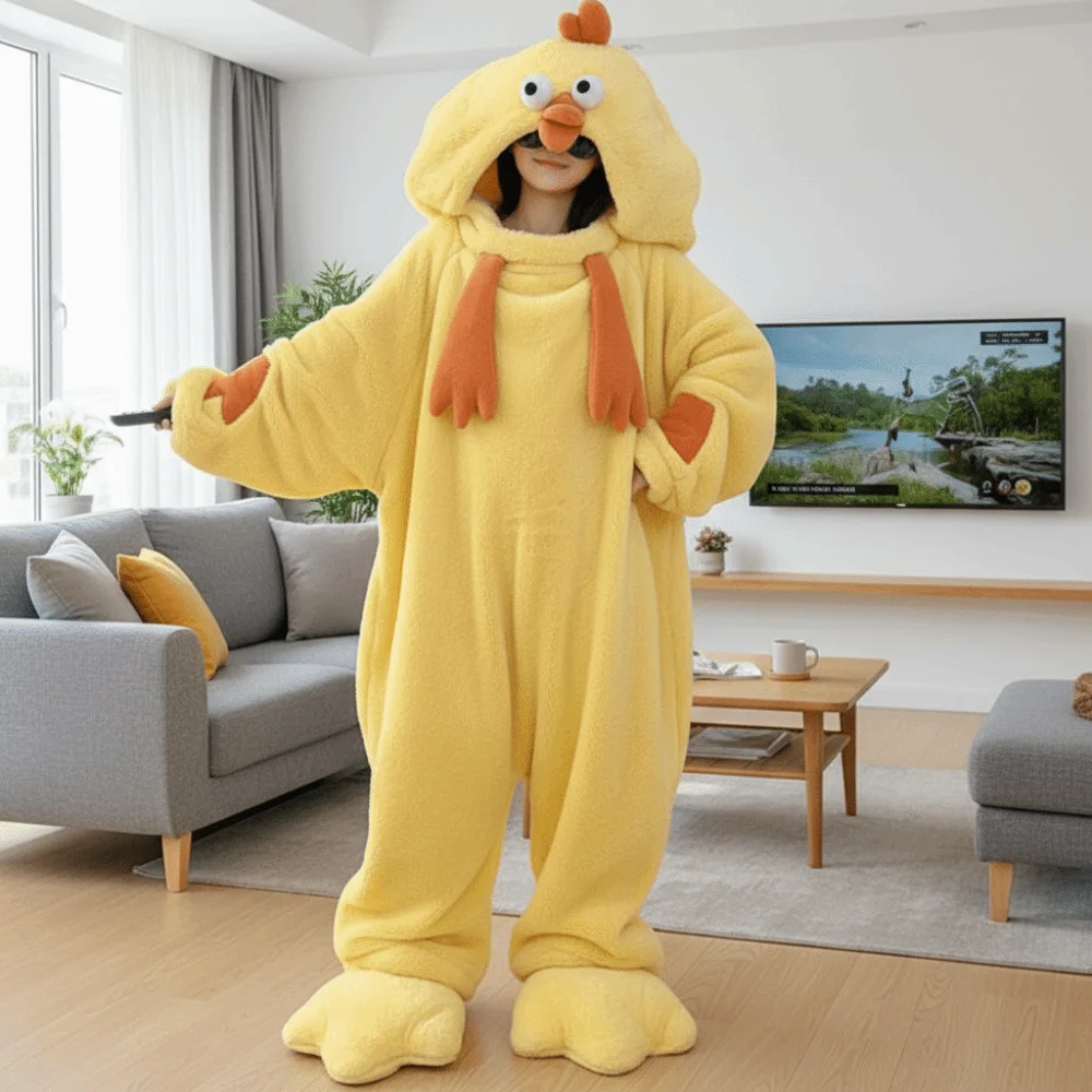 Jumpsuits Cartoon Chicken Pajamas Funny Home Wear Coral Fleece Nightwear Long Sleeve Plush Warm Cute Sleepwear Women Women