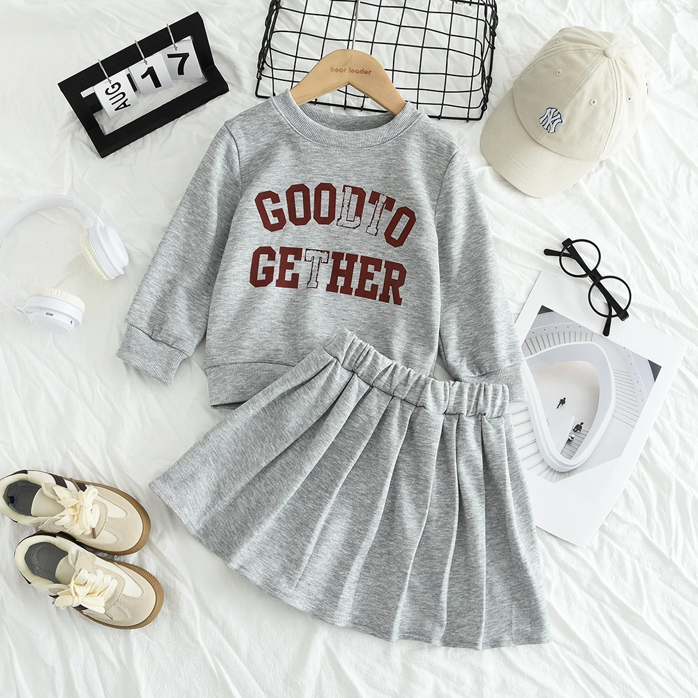 Kids Clothes Girls Grey Long Sleeved Printed Round Neck Top+Short Skirt Set Autumn Fashion and Sports Style Children's Clothing