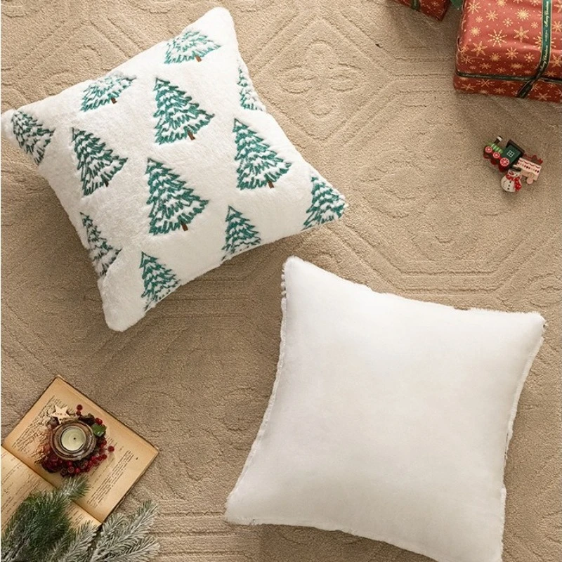 2-Pack Christmas Tree Embroidered Cushion Cover Faux Rabbit Fur Plush Sofa Pillow Cases for Holiday Festive Home Decor