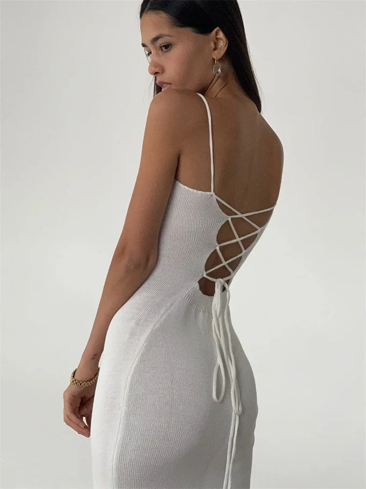 Elegant Knitted Long White Dress Women Hot Sexy Spaghetti Straps Backless Bodycon Maxi Dress Lace-Up Slit Dress Party Outfits