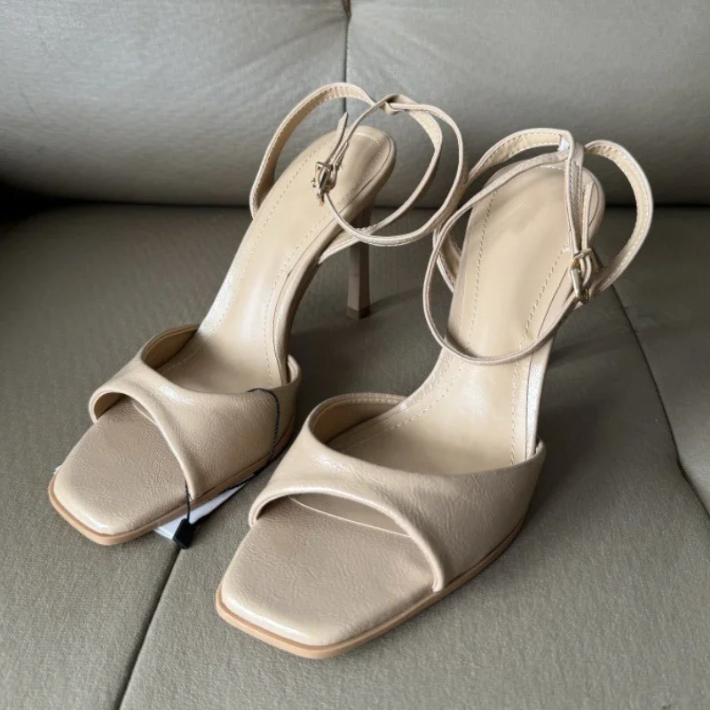 Women Shoes Gold Patent Leather Ankle Buckle Women's Sandals Women Sexy Square Toe Open Toe High Heels Fashion Party Office Shoe image 6