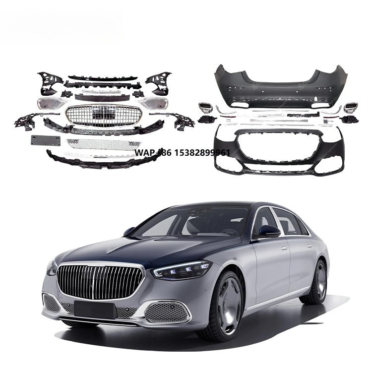 

2021 M style for w223 auto cars front bumper rear bumper exhaust tips grille pp material bodykit