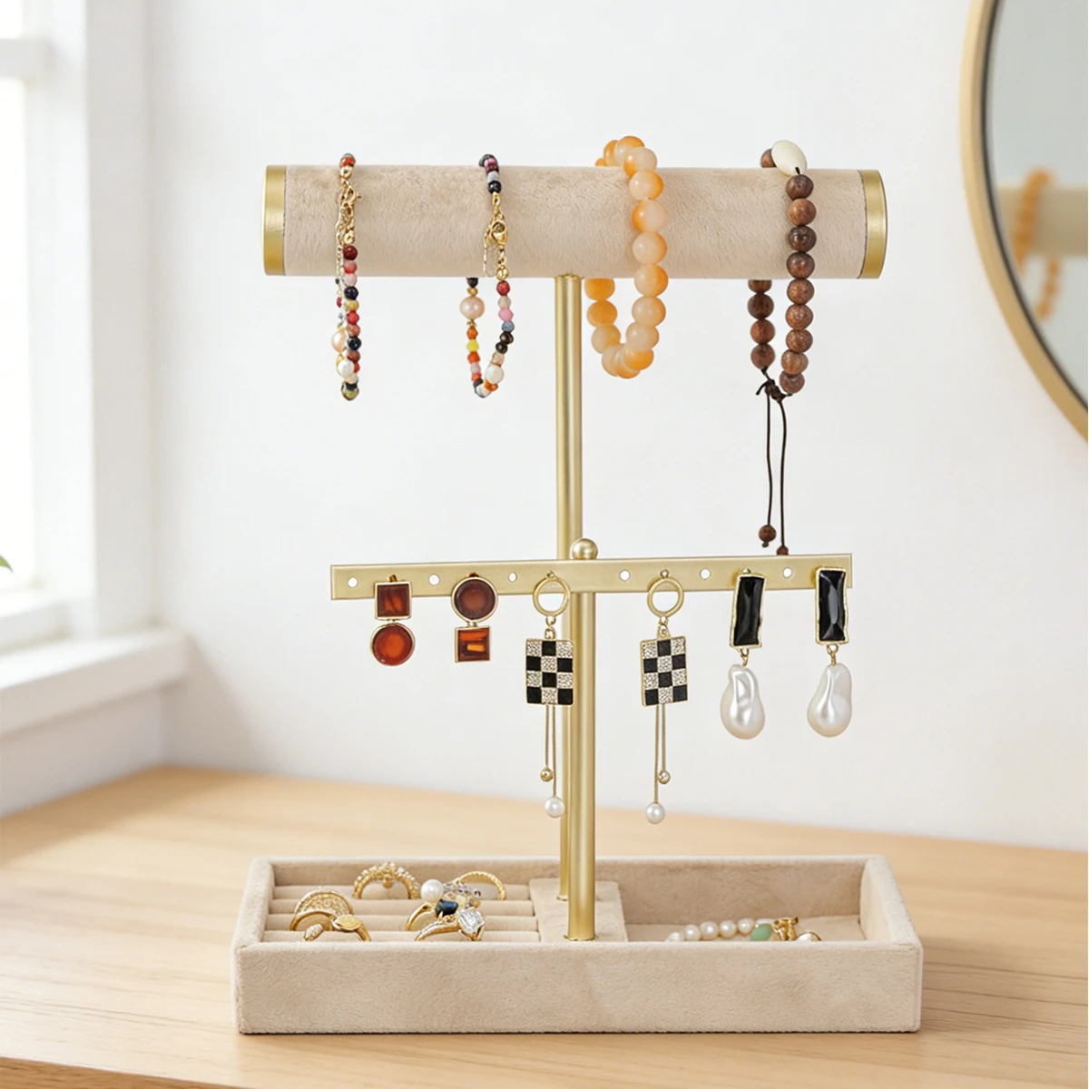 

2-Tier Jewelry Organizer with Beige Velvet Elegant Bracelet, Earrings display standSturdy T-Bar Construction for Home, Boutique