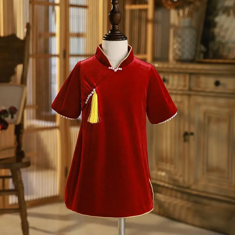 

Girls' first year baby girl dress spring children's grab week birthday dress high-end Chinese Tang dress cheongsam foreign style