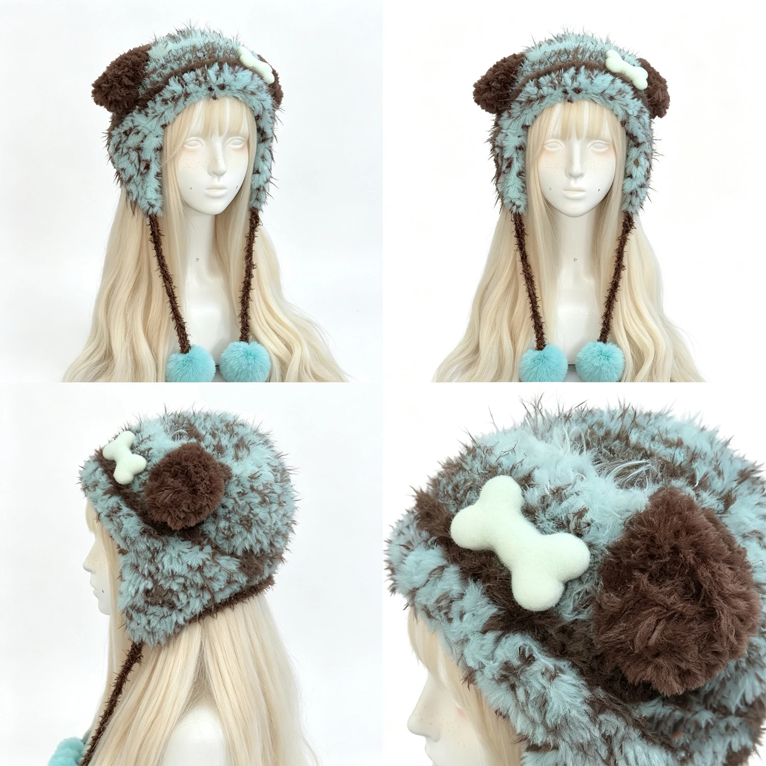 Custom Handmade Crochet Mint Chocolate Puppy Ear Hat Man Cozy Bone Pom Charm Knitted Beanie Women Kawaii Cosplay Winter Earflap