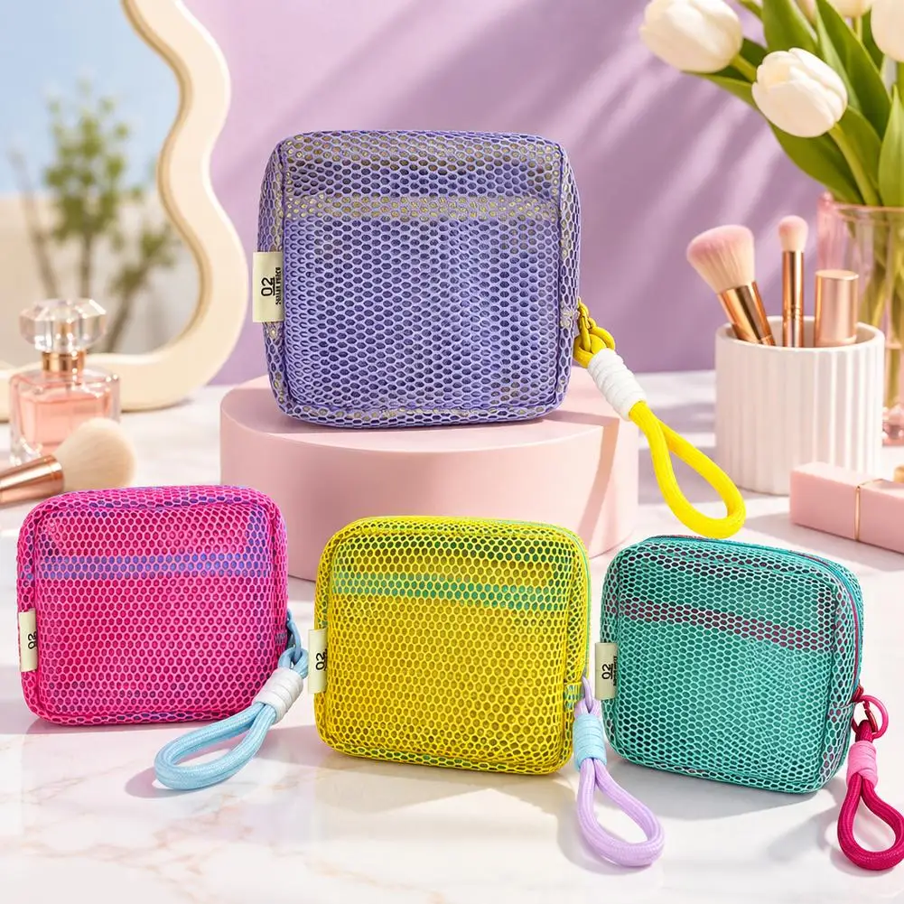 Small Mesh Beach Pouch Clear Cosmetic Bag with Detachable Wrist Strap Travel Organizer for Sunscreen Keys Cables