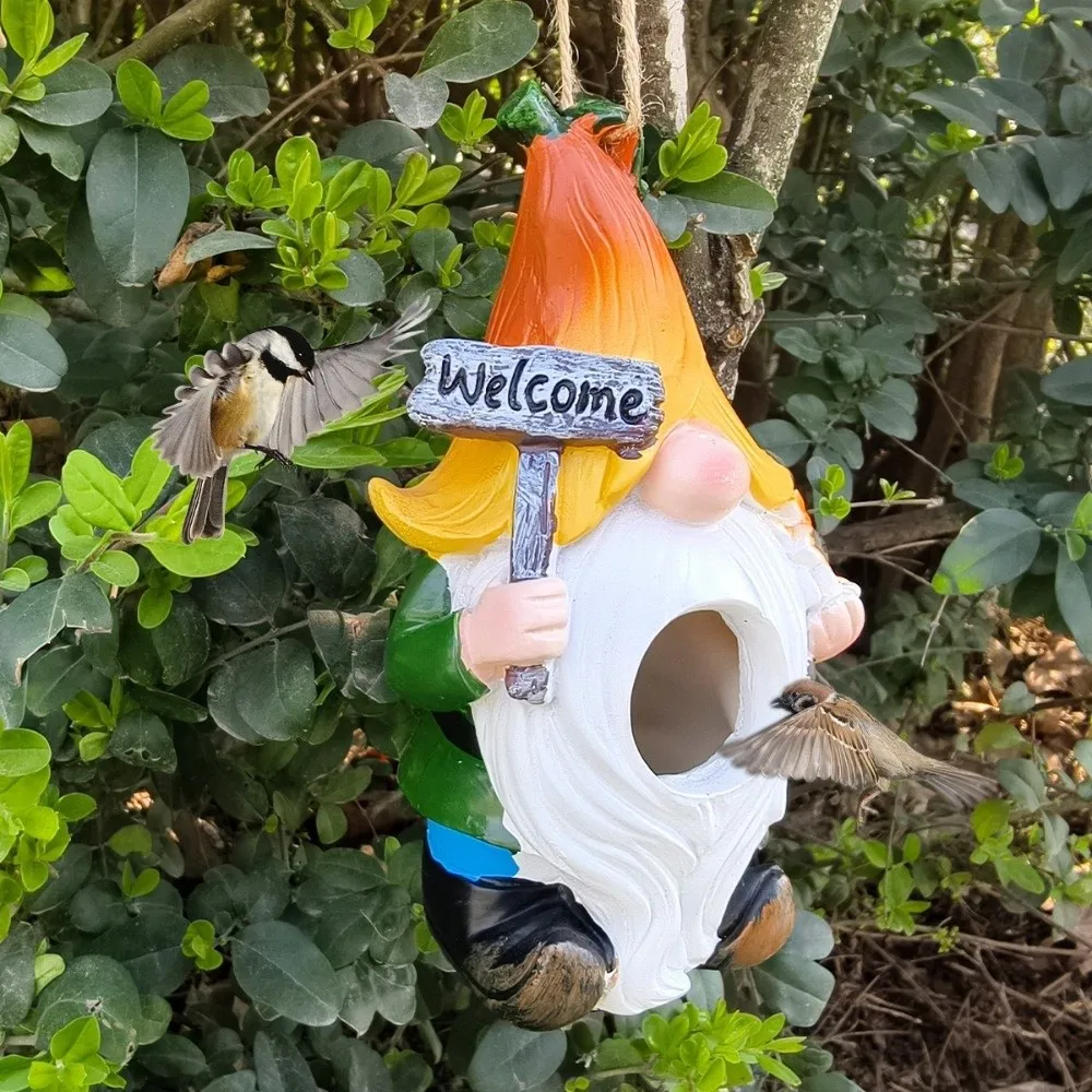 

Resin Crafts White Bearded Dwarf Bird House Ventilation Holes Handcrafted Wild Bird Nesting Box Weatherproof Bird Feeder Hut