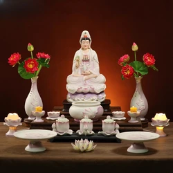 Ceramic Pink Lotus Buddha Set, Offering Set, Fruit Plate, Vase, Water Cup, Incense Burner, Incense Barrel, Candlestick