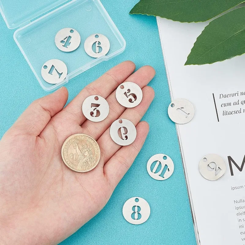 10Pcs 1-10 Number Charms Silver Stainless Steel Flat Round Hollow Disc Charms Lucky Numbers Metal Coins for Jewelry Making Charm