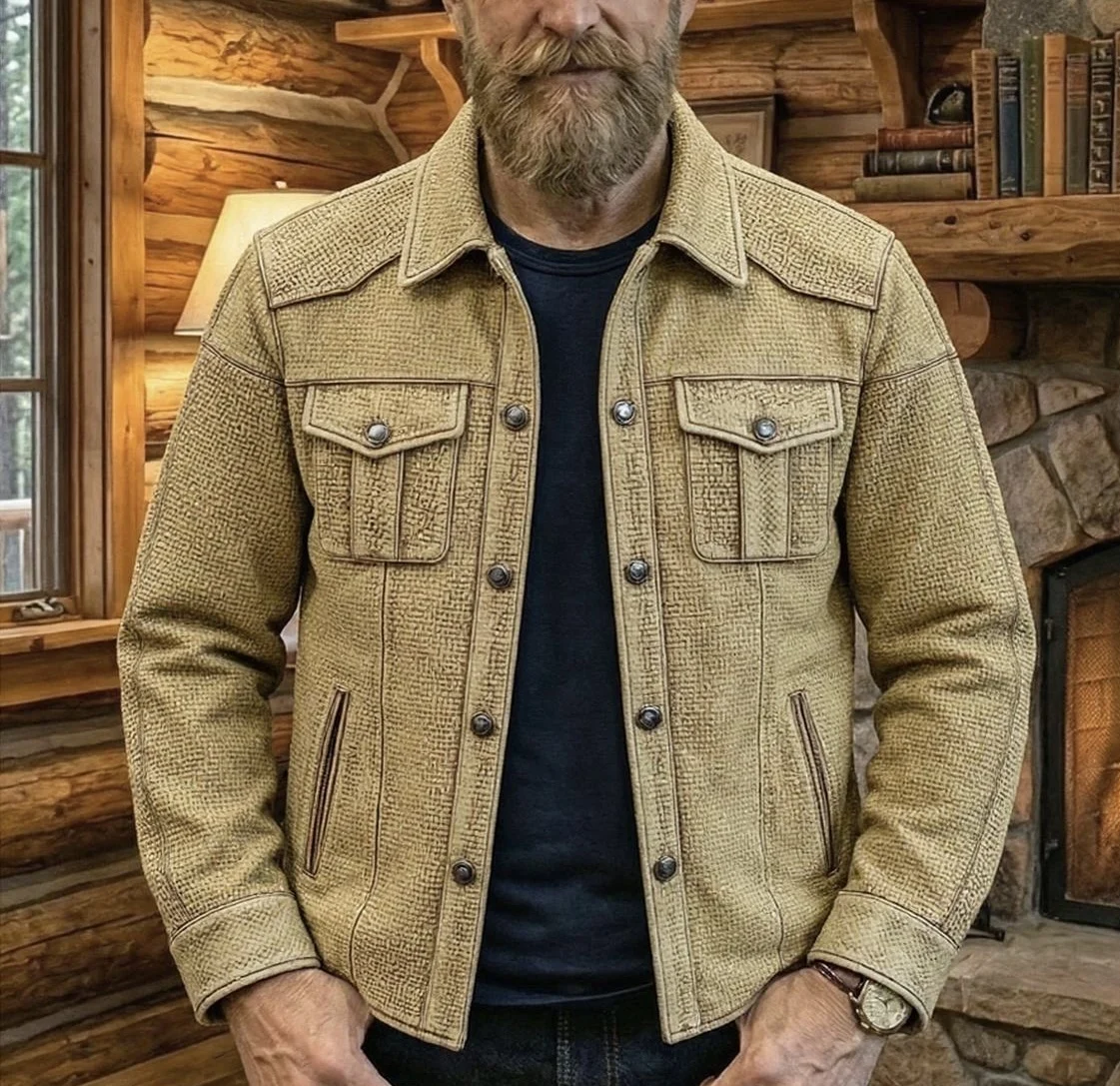 Classic Vintage Leather Biker Jacket Unisex 3D Embossed Knit Texture Heavy Wash Distressed Cowhide Outerwear