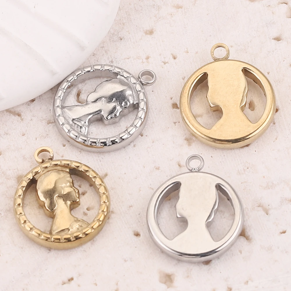 5pcs Gold-Plate Queen Stainless Steel Medal Coin Charms Angel Hollow retro Pendants for Jewelry Makings Necklace DIY Accessories