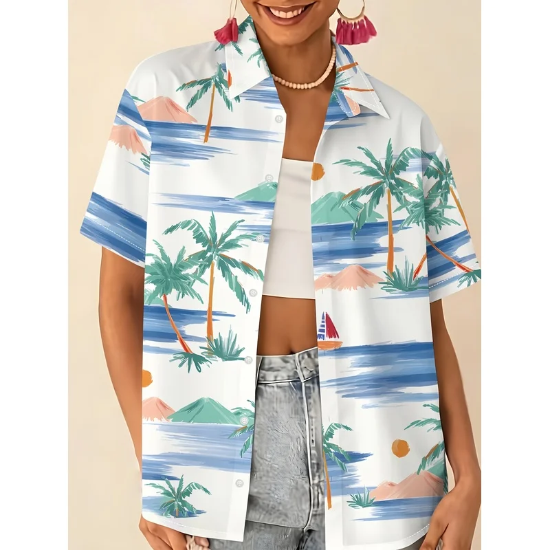 Women's Hand-painted Seaside Coconut Tree Print Short-sleeve Shirt with Buttons Relaxed Mature Style High-end Vacation Vibe Tren