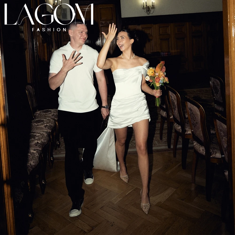 Lagom Asymmetric Pleat Off Shoulder Mini Wedding Dress Matte Satin Ruched Short Vestido De Novia With Irregular Train Customized