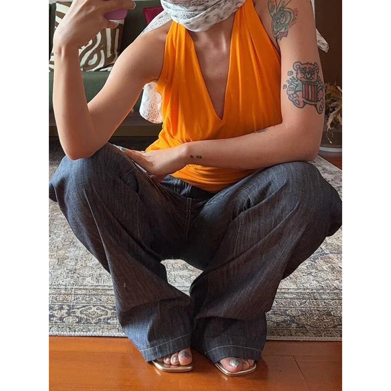 المرأة خمر الأزرق متوهج الجينز 2000s شارع العليا الدنيم السراويل Y2k Harajuku جرس أسفل الدانتيل المرقعة جيب بناطيل كاجوال #5