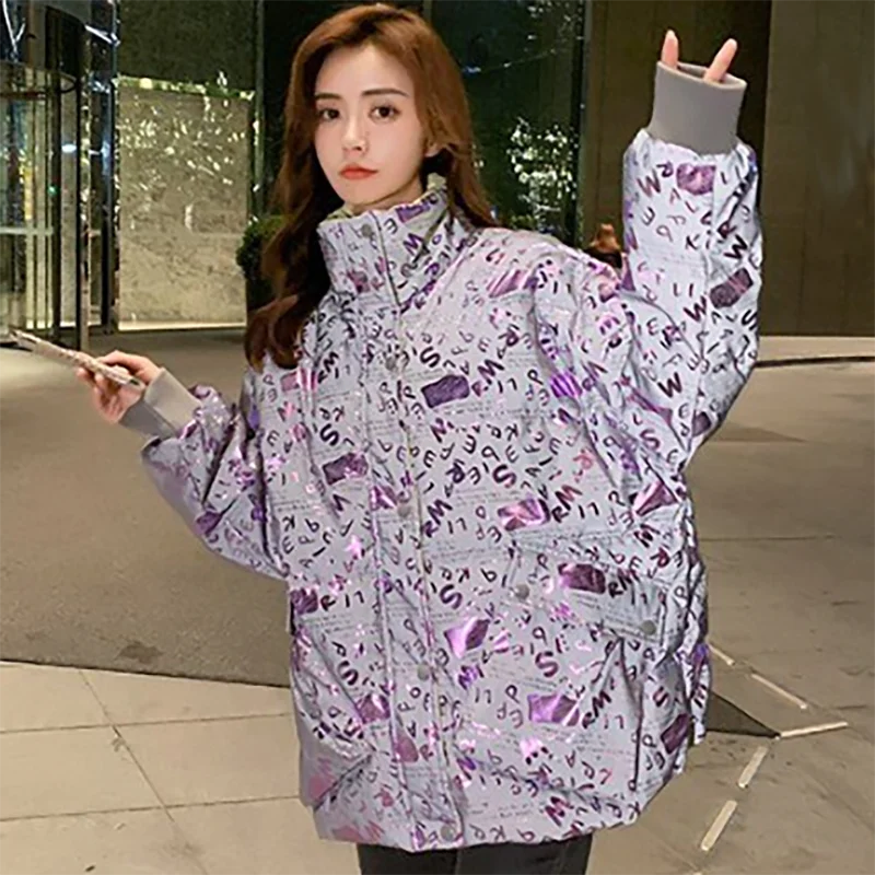 

2023 Winter Women Loose Thicken Parkas Letter Print Fashion High Street Bright Face Coat Female Korean Warm Cotton Jacket