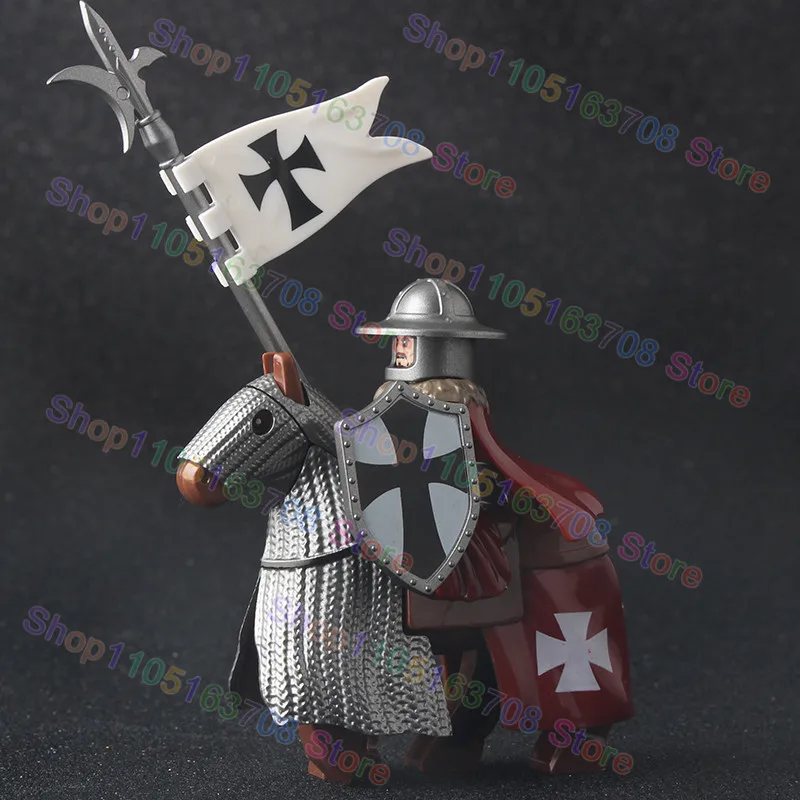 MOC Mittelalterliche Militär Kreuzritter Ritter Bausteine Schloss Armee Soldat Figur Pferd Halterung Schild Schwert Zubehör Ziegel Spielzeug