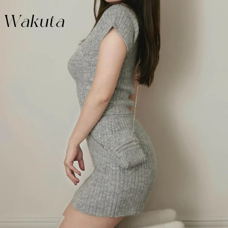 Wakuta Japanese Kawaii Round Neck Short Sleeved Warm Knitted Sweaters Casual Women's Hip Hugging Skirts Sexy Y2k Two Piece Sets